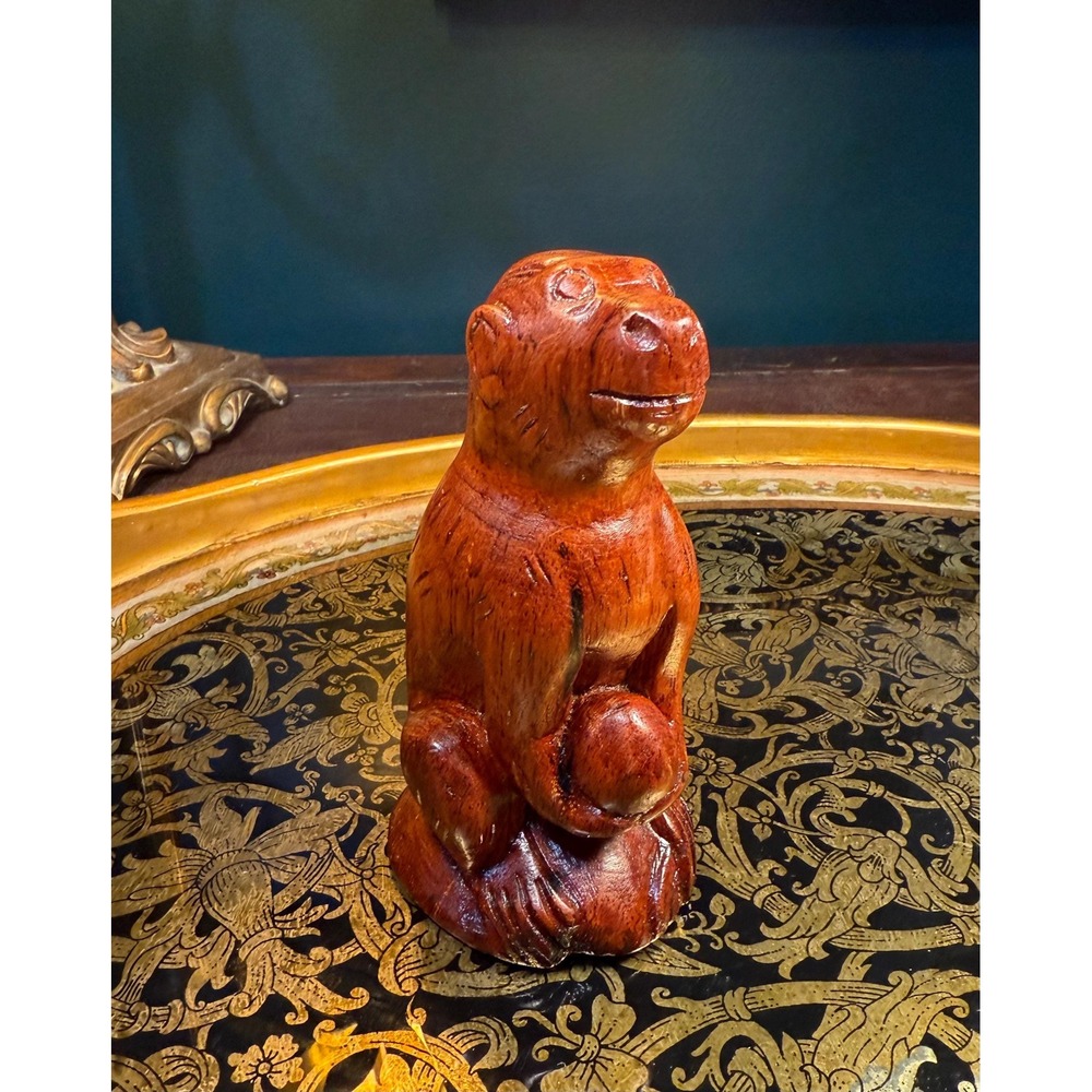 Hand Carved‎ Wood Monkey Figurine: 1970s Folk Art Decor